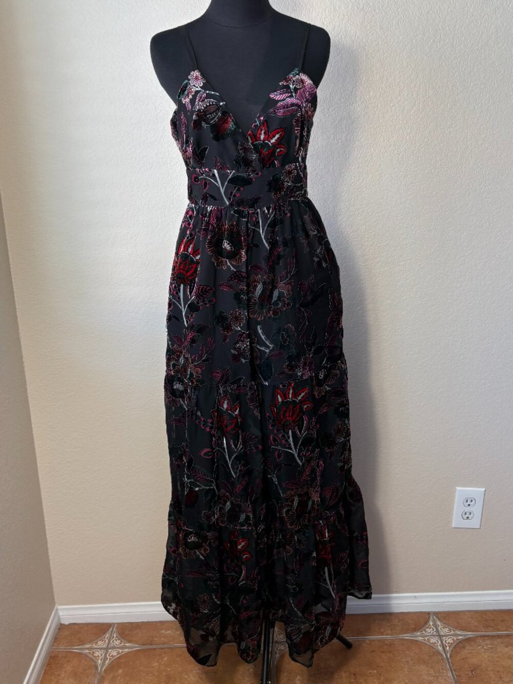 Hutch Size 4 Floral Velvet Burnout Wide Leg Tiered Jumpsuit